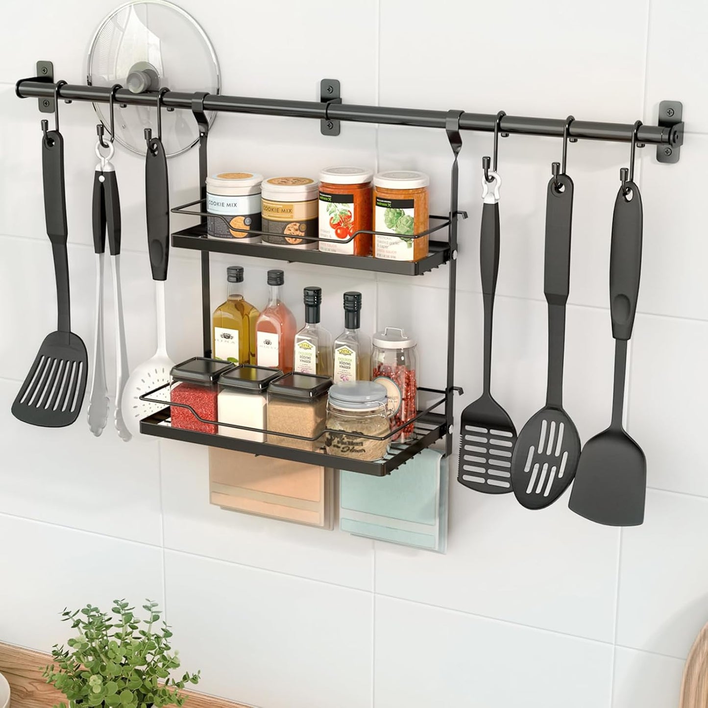 NADAMOO Kitchen Utensil Hanger and Spice Rack with Towel Rack Holder,Wall Mount Space Saving Metal Storage Organizer for Pantry, Countertop, Bathroom
