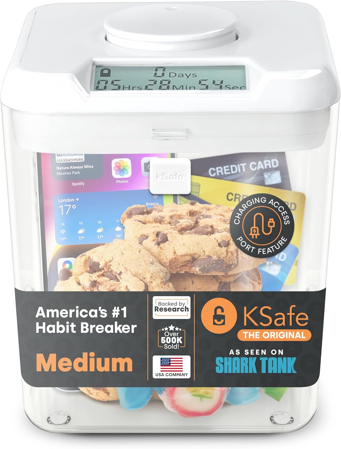 Kitchen Safe Time Locking Container (Medium), Timed Lock Box for Cell Phones, Snacks, and other unwanted temptations (White Lid + 5.5\u201D Clear Base)