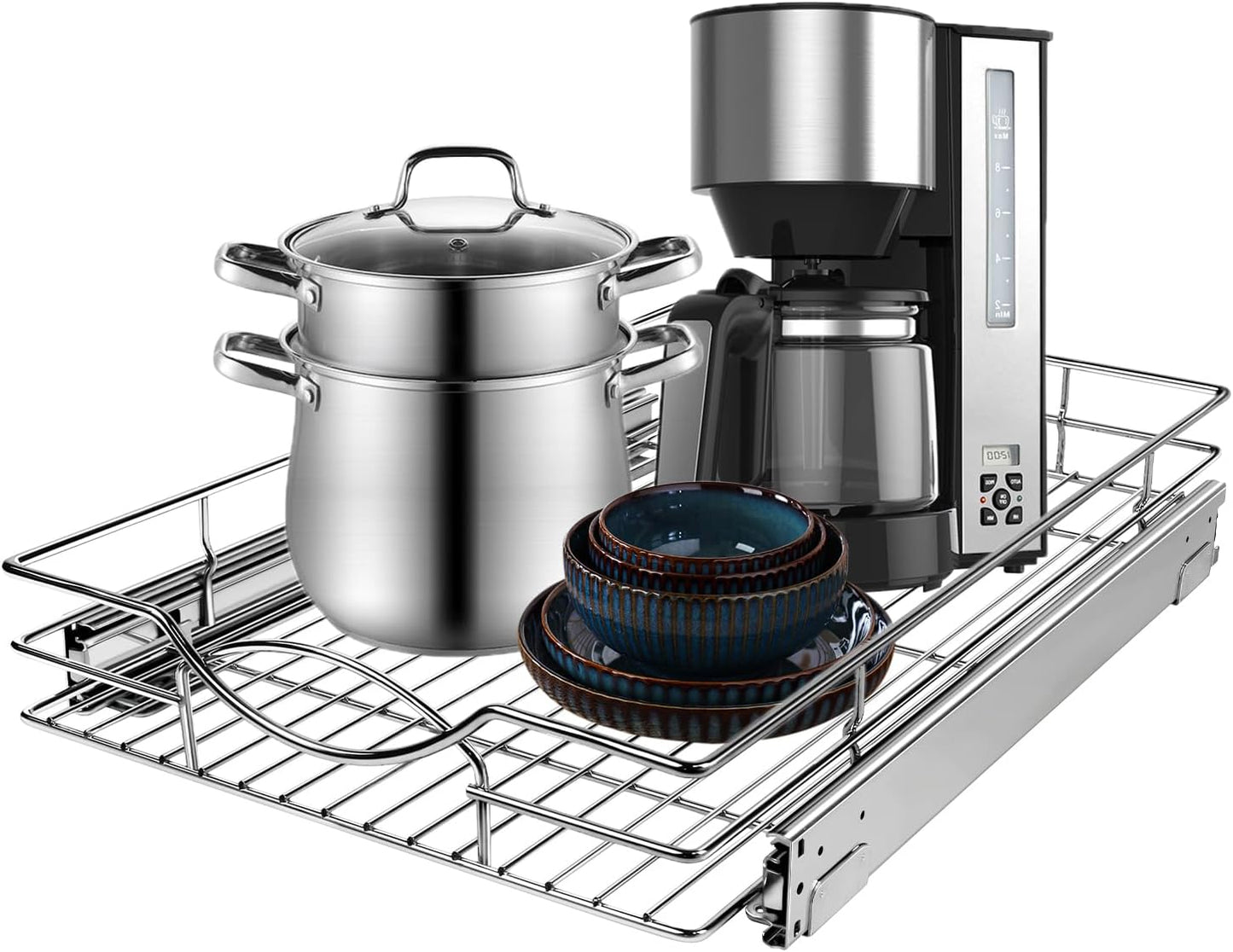 Sikarou Pull Out Cabinet Drawer Organizer, 14\u201DW x 21\u201DD - Requires At Least 15 Cabinet Opening, Heavy Duty Slide Out Shelves, Sliding Drawer Storage for Kitchen, Bathroom, Chrome Finish