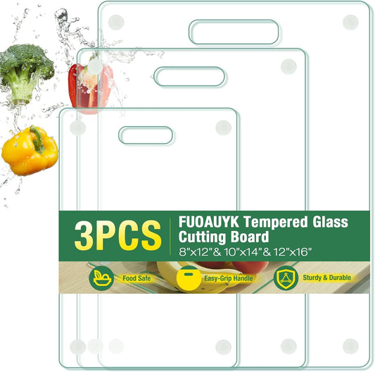 3 Size Tempered Glass Cutting Boards for Kitchen Counter, FUOAUYK Dishwasher Safe Glass Cutting Board Non Toxic with Handle, Non-Slip Rubber Feet, Heat & Scratch Resistant(8x12", 10x14", 12x16")