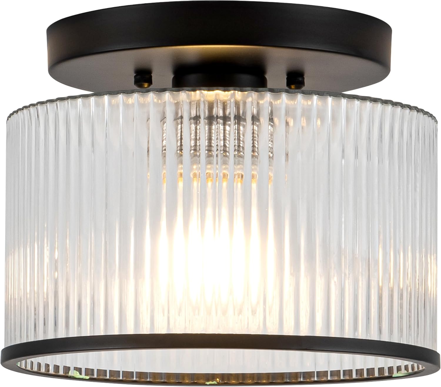 Zlepmlla Glass Ceiling Light, Clear Ribbed Glass Ceiling Light Fixture with Black Metal Frame, Modern Semi Flush Mount Ceiling Light for Hallway, Bedroom, Bathroom, Entryway, Kitchen