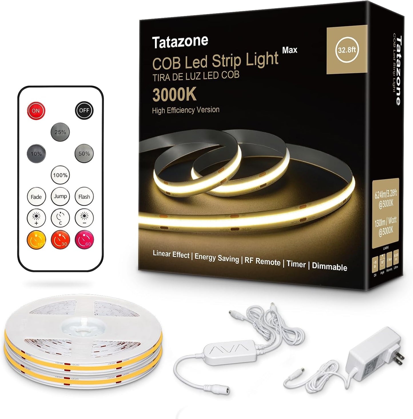 Tatazone 32.8ft 3000K Bright COB LED Strip Light, Dimmable, Warm White, Indoor, RF Remote, Adhesive, for Living Room, Shelf, Cabinet, Kitchen, 2 Rolls of 16.4ft