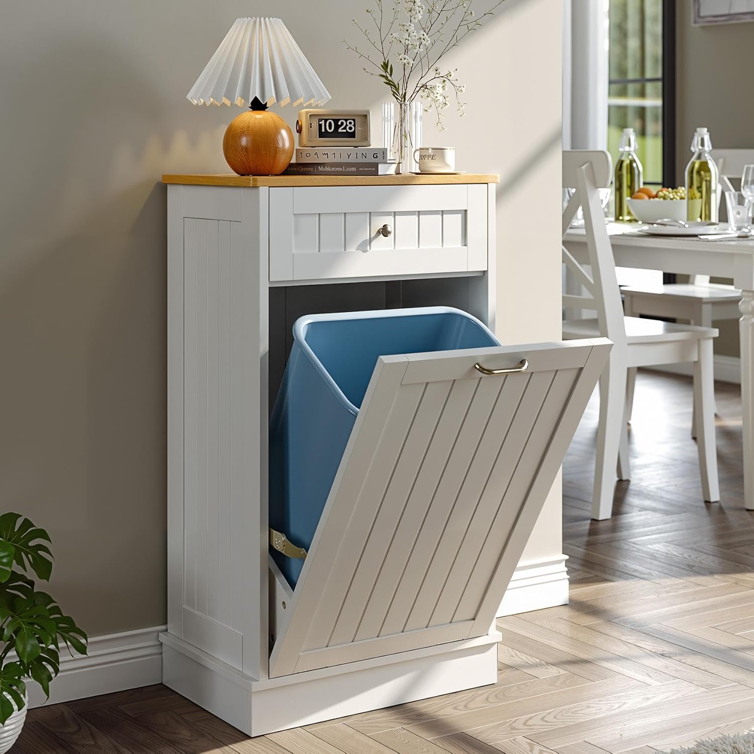 LOUVIXA Tilt Out Trash Bin Cabinet Dog Proof Trash Can Holder Kitchen Island Without Garbage Bin or Tilt Out Laundry Hamper (White)
