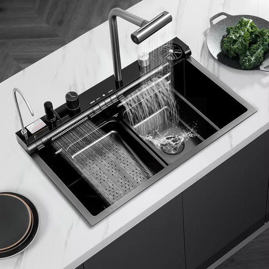 30x18 Dual Waterfall Kitchen Sink,Modern Kitchen Sink with 4 in 1 Faucet,Black Stainless Steel Single Bowl Digital Smart Sink with Pull-Out Faucet,Multifunctional Workstation Sinks with Nano Honeycomb
