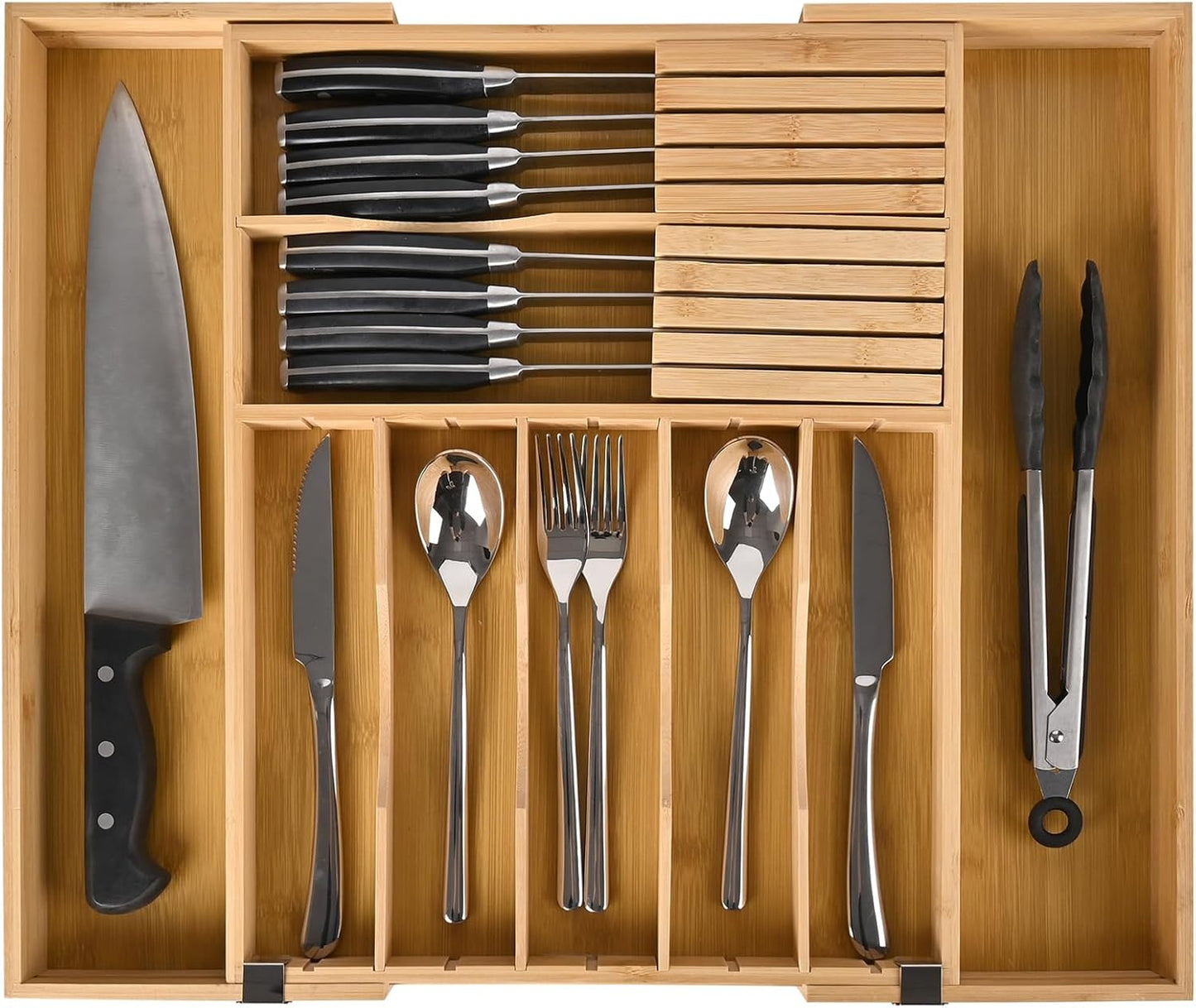 Silverware Organizer Expandable Bamboo Drawer Organizer with Non-Slip Stainless Steel Locking Clips, Kitchen Utensil Holder with Knife Block, Adjustable Cutlery Tray with Curved Grooves Dividers