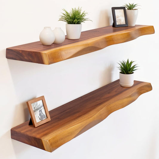 Gamoora Wood Shelves for Wall \u2013 Set of 2 Live Edge Floating Shelves, 23.6" Rustic Wooden Shelf for Bathroom, Kitchen or Bedroom \u2013 Solid Suar Wood Wall-Mounted Shelf with Live Edge Design