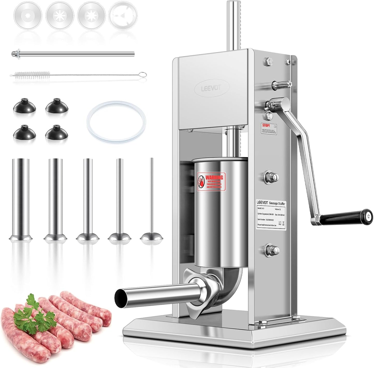 LEEVOT 7Lb\/3L Sausage Stuffers,304 Stainless Steel Sausage Maker Adjustable, 2 Speeds, 5 Filling Tubes (Silver)