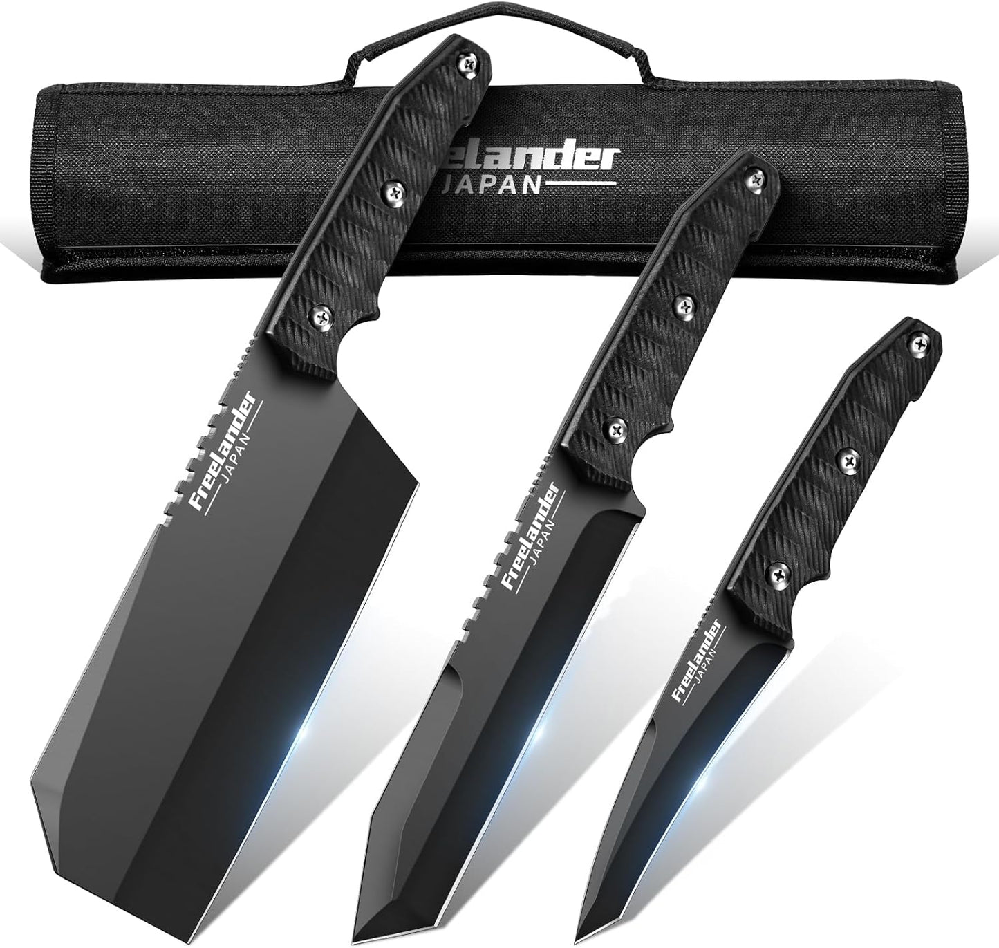 Freelander 3PCS Butcher Knife Set for Meat Cutting, Sharp Chef Knife Set Dishwasher Safe with Roll Bag, Full Tang BBQ Knife Set with Leather Sheath, Hand Forged Japanese Meat Cleaver Knife for Kitchen