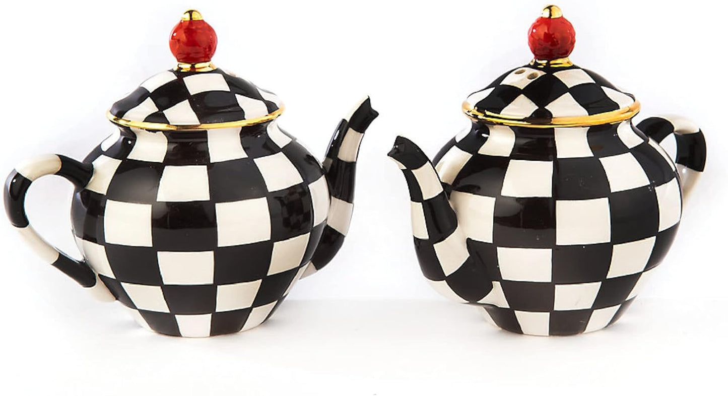 MACKENZIE-CHILDS Teapot Salt and Pepper Shaker Set, Ceramic Salt and Pepper Holders, Black-and-White Courtly Check