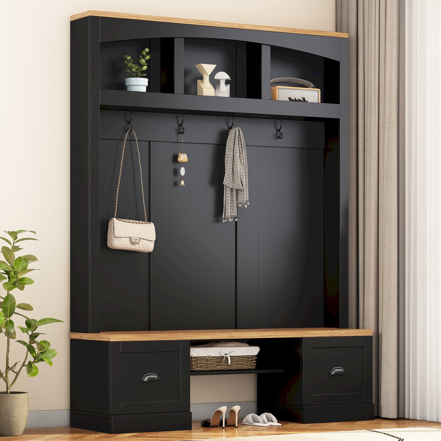 JANSNO Modern 55.1 Black Wood Hall Tree