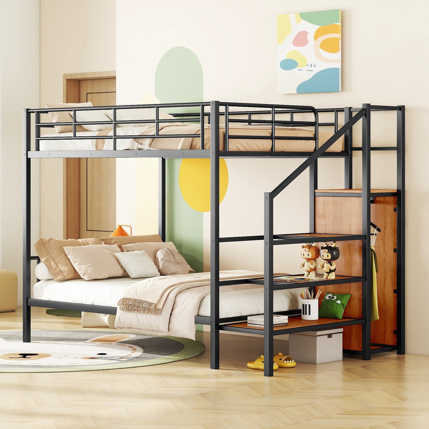 ModernLuxe Full Over Full Metal Bunk Bed with Lateral Storage Ladder and Wardrobe Black