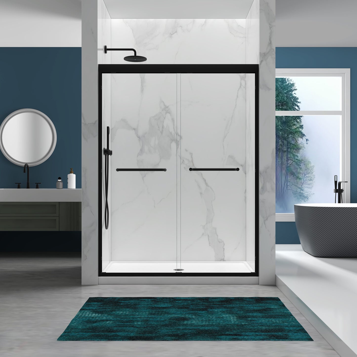 LOVMOR 56-60in x 72in Tempered Glass Aluminum Frame Double Sliding Shower Door 1/4in (6mm) Stainless Steel Handles Matte Black