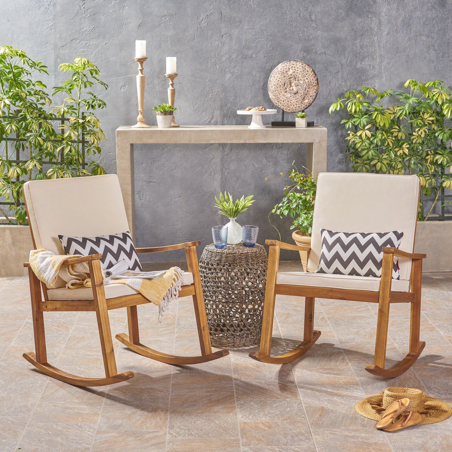 Christopher Knight Home Candel Outdoor Acacia Wood Rocking Chair Set of 2-Teak Finish + Cream Cushion