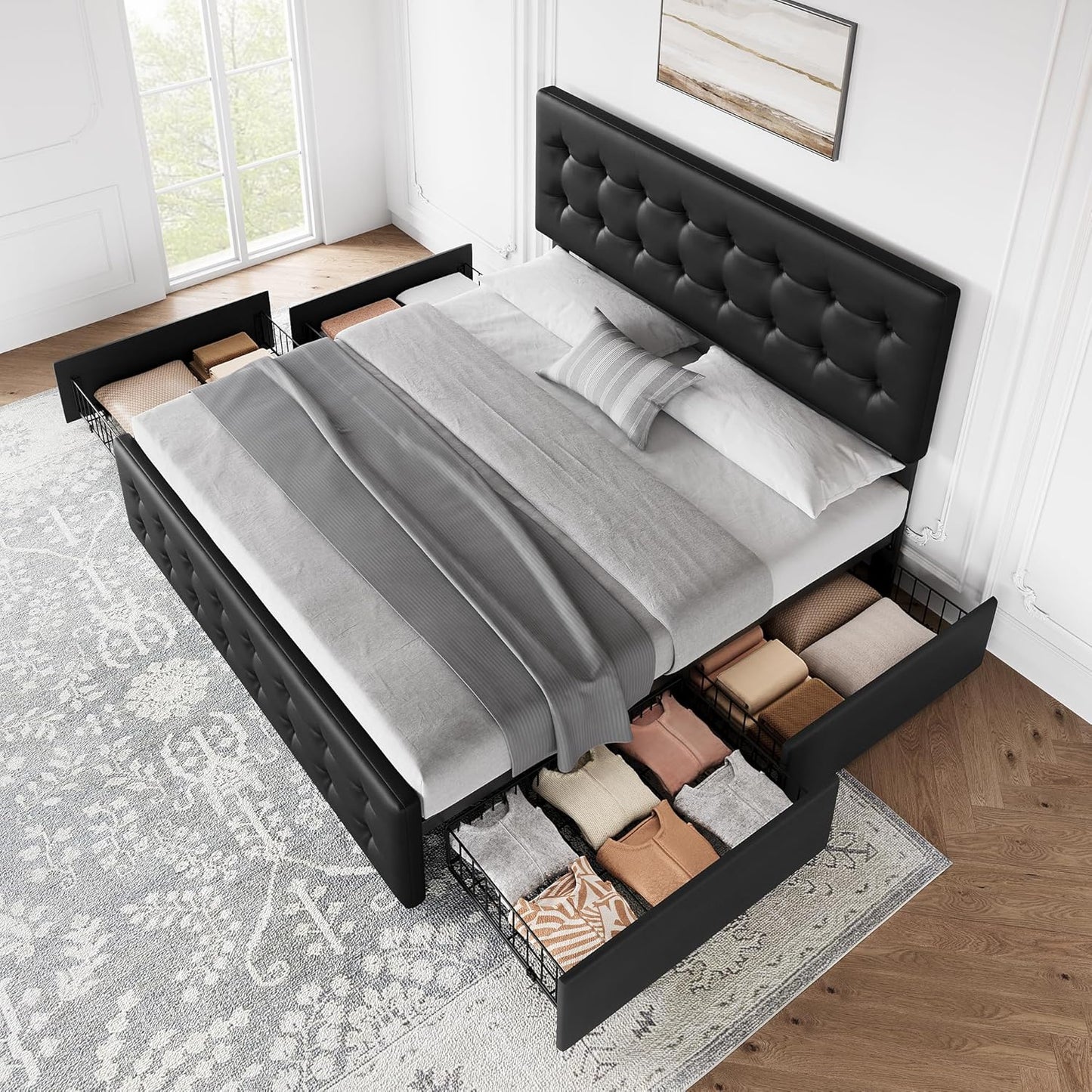 Qeetex IDEALHOUSE Bed Frame with 4 Storage Drawers and Headboard Linen Upholstered Platform Bed Frame with Wooden Slats Support Button Tufted Design No Box Spring Needed