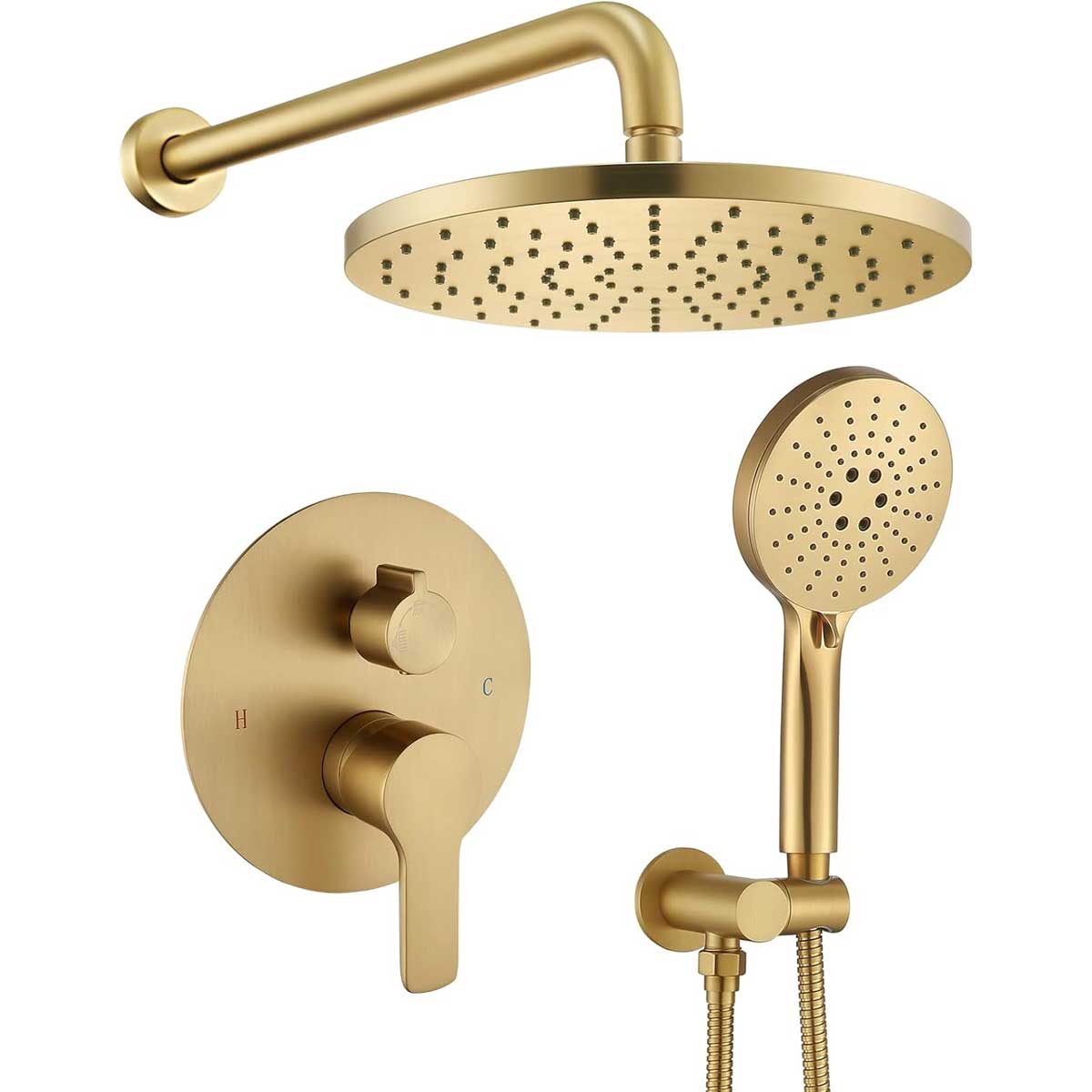 Aoibox Wall Mounted Shower Faucet Mixer Set with High Pressure Rain and Handheld Shower Heads Brushed Gold Finish Includes Pressure Balance Valve
