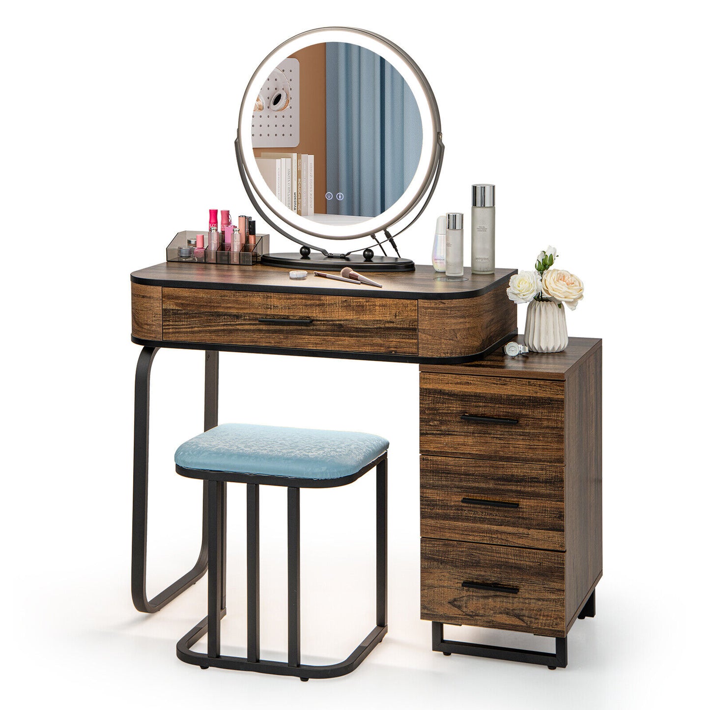 Slickblue 31.5 Inch Brown Makeup Vanity with LED Motion Sensor Mirror Wireless Charging 3 Drawer Chest and Stool for Bedroom or Dressing Area