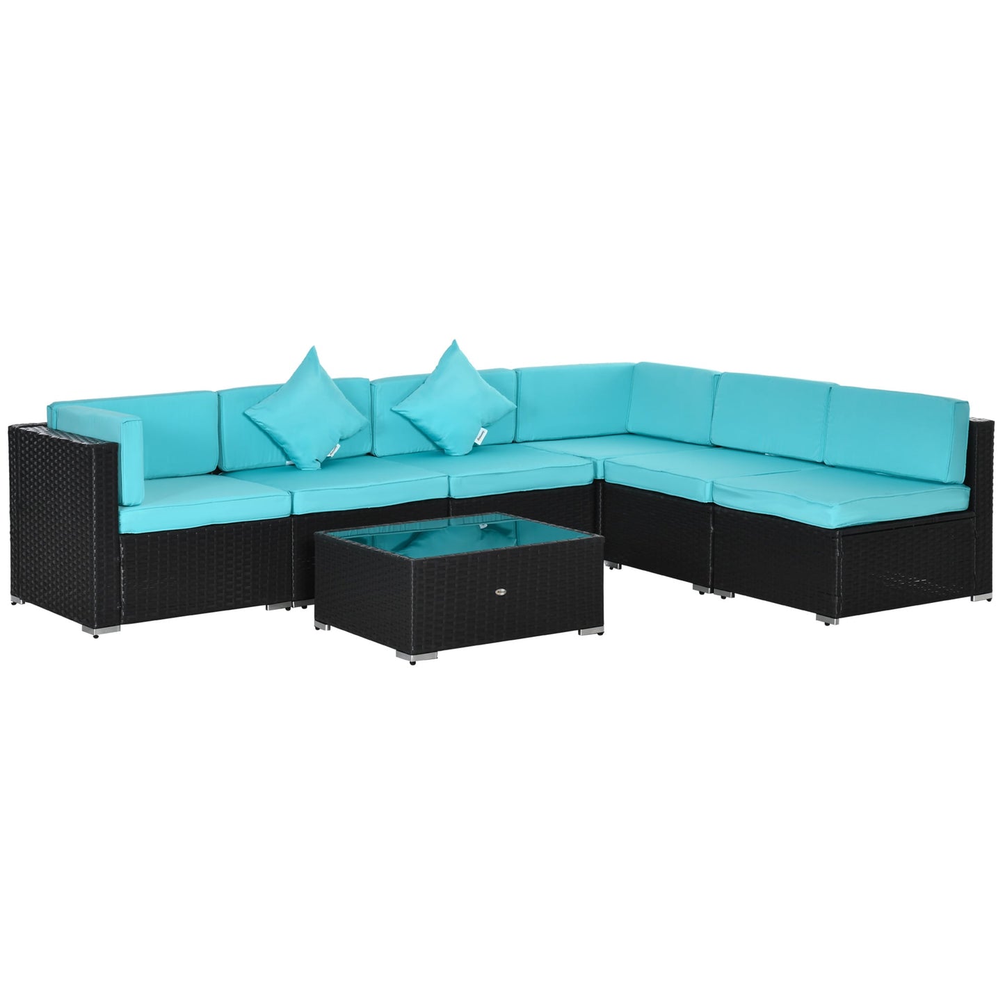 Outsunny 7-Piece Patio Furniture Set Outdoor Wicker Conversation Set All Weather PE Rattan Sectional Sofa Set with Cushions and Tempered Glass Top Coffee Table Pillows Turquoise