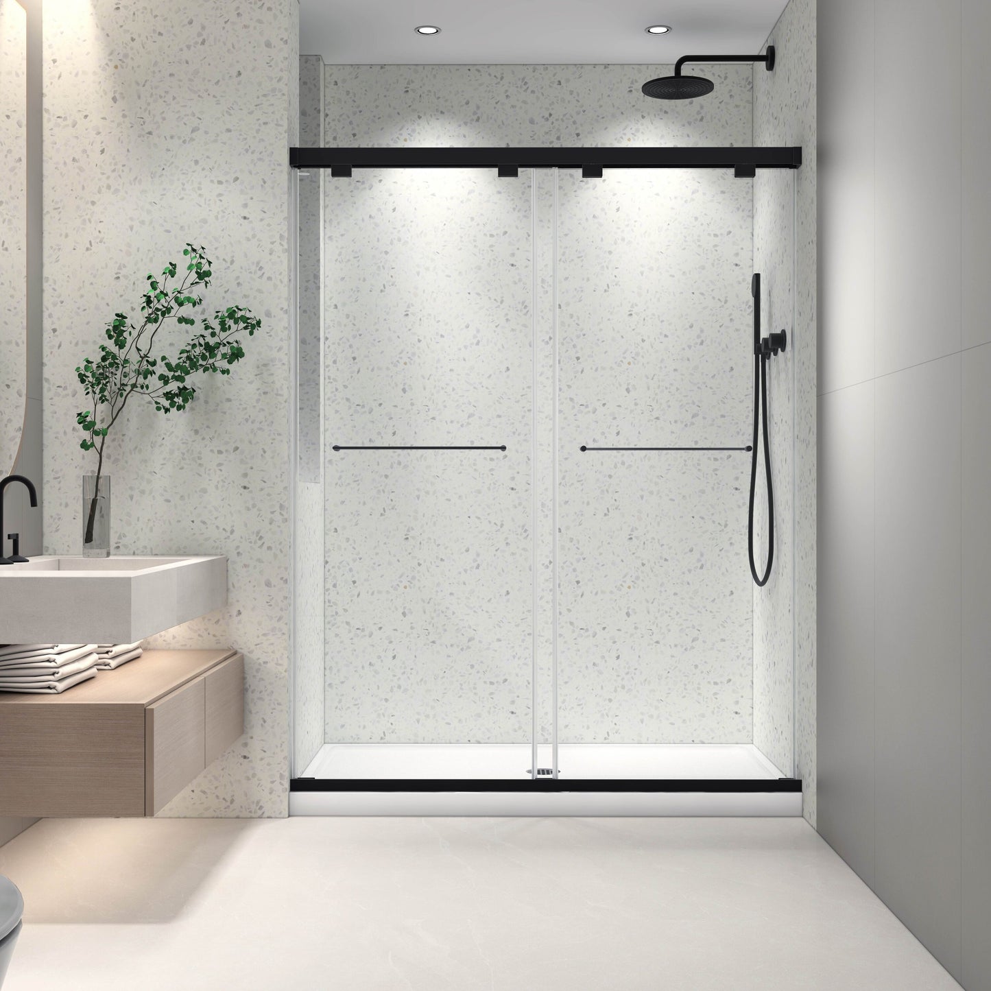 LOVMOR North American Frameless Double Sliding Matte Black Shower Door With Adjustable Soft Closing Function 8mm Tempered Glass With Nano Easy Cleaning And Stick Explosion-proof Menbrance