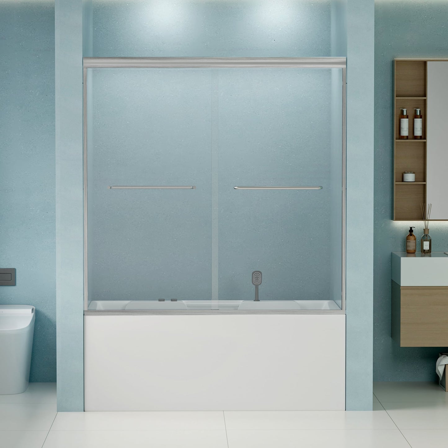 Tatayosi 56-60inches W x 58inches H Double Sliding Bathtub Shower Door Semi-Frameless Tub Door 1/4inches (6mm) Tempered Glass with Explosion-Proof Film Adjustable Aluminum Alloy Frame Brushed Nickel