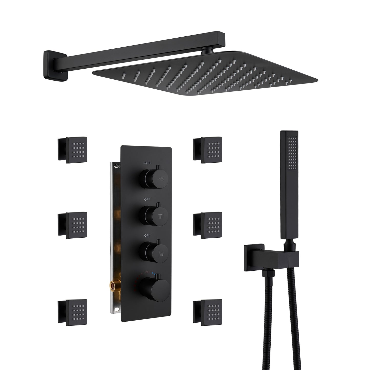 CASAINC 3-Spray 12in. Wall Mount Shower Head Handheld 6-Body Jets Matte Black 12-in Built-In Shower Faucet System with 3-way Diverter ( Thermostatic Valve Included )