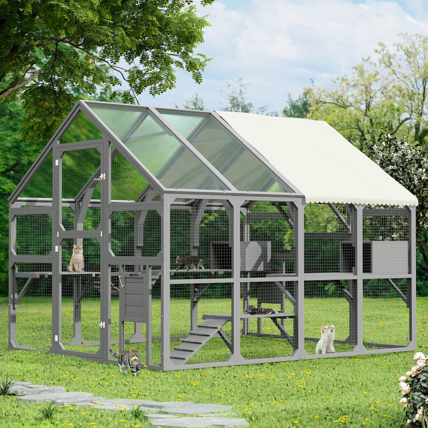 ModernLuxe Large Catio Outdoor Cat Enclosure for Multiple Kittens Wooden Cat House with 7 Platforms 2 Resting Boxes 1 Bridge and 1 Ramp Walk in Kitty Cage Kennel with Sunshine Board Roof Gray
