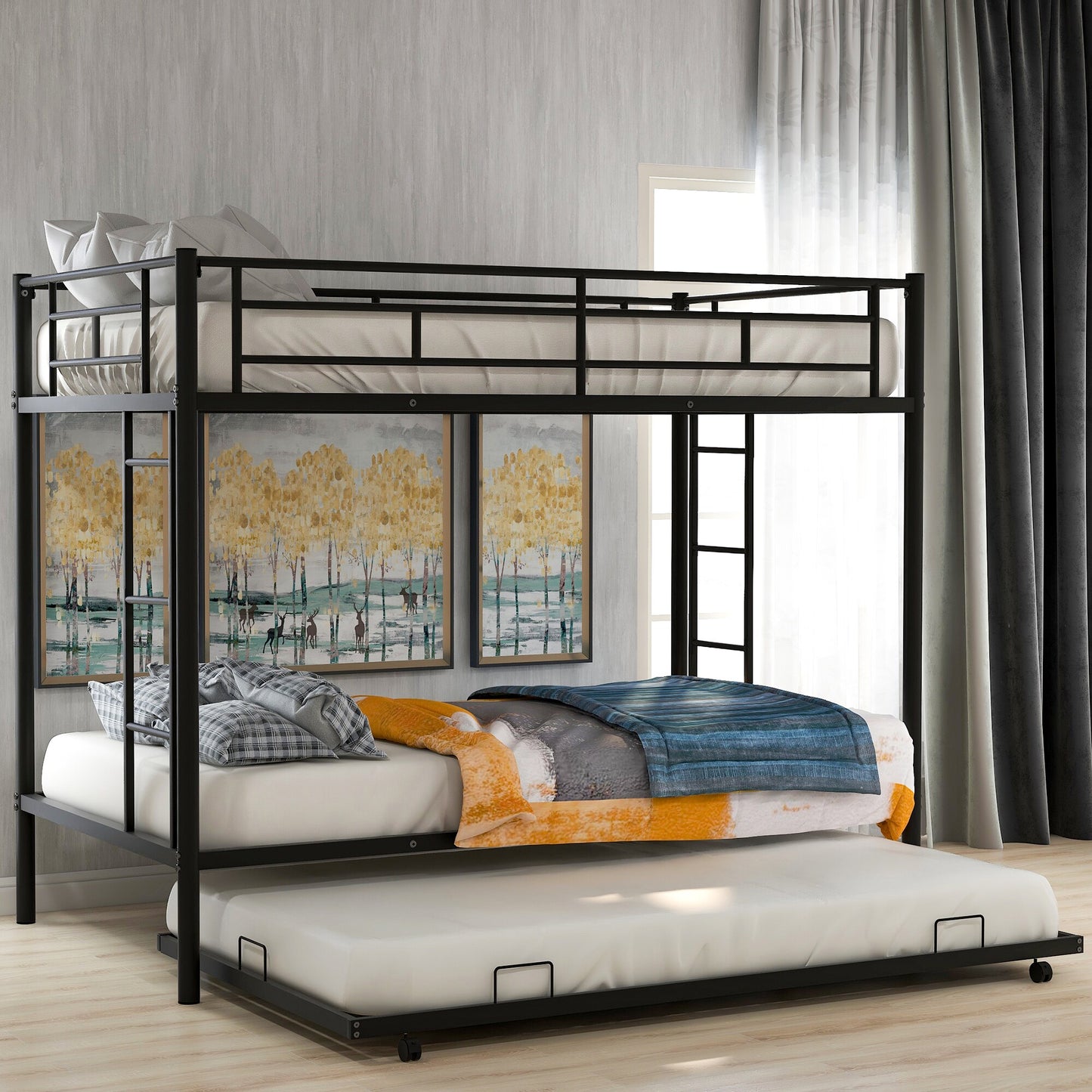 Tatayosi Black Twin over Twin Bunk Bed with Trundle Two Ladders and Guardrails