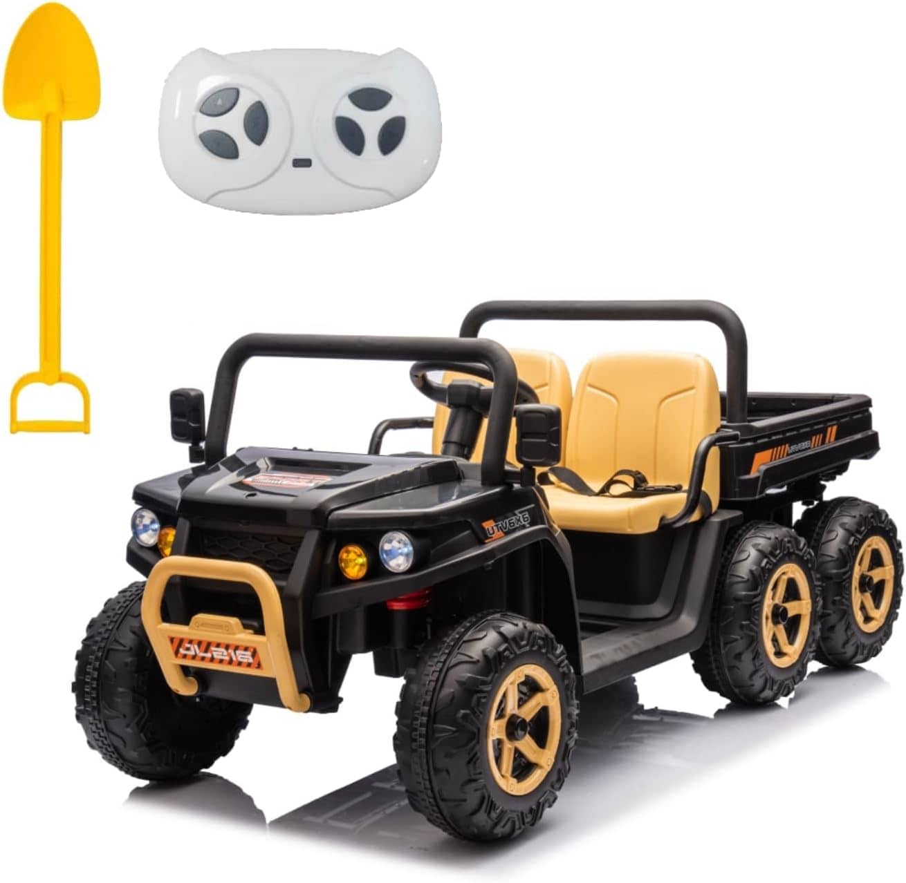 Qeetex 24V Ride-On Toy Truck for Kids - 4x35W Motors 24V7AH Battery 6 Anti-Slip Tires Dump Truck Parent Remote Music Player - Dual Seats Sand Shovel Included Electric Car for Kids-Black