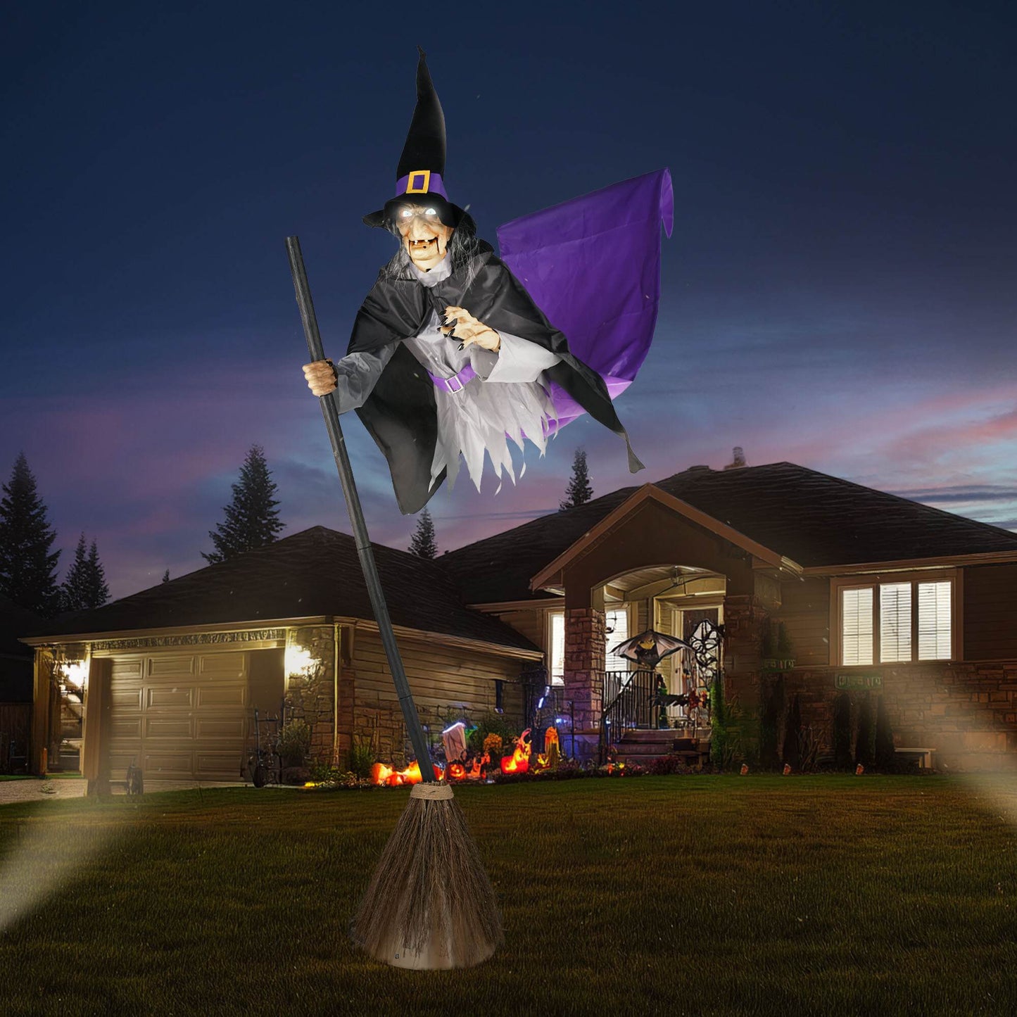 Yescom 9Ft Animatronics Flying Witch Hovering Broom Animated Halloween Outdoor Decoration Motion Activated AC 110-240V 2025 Party Outdoor Decor