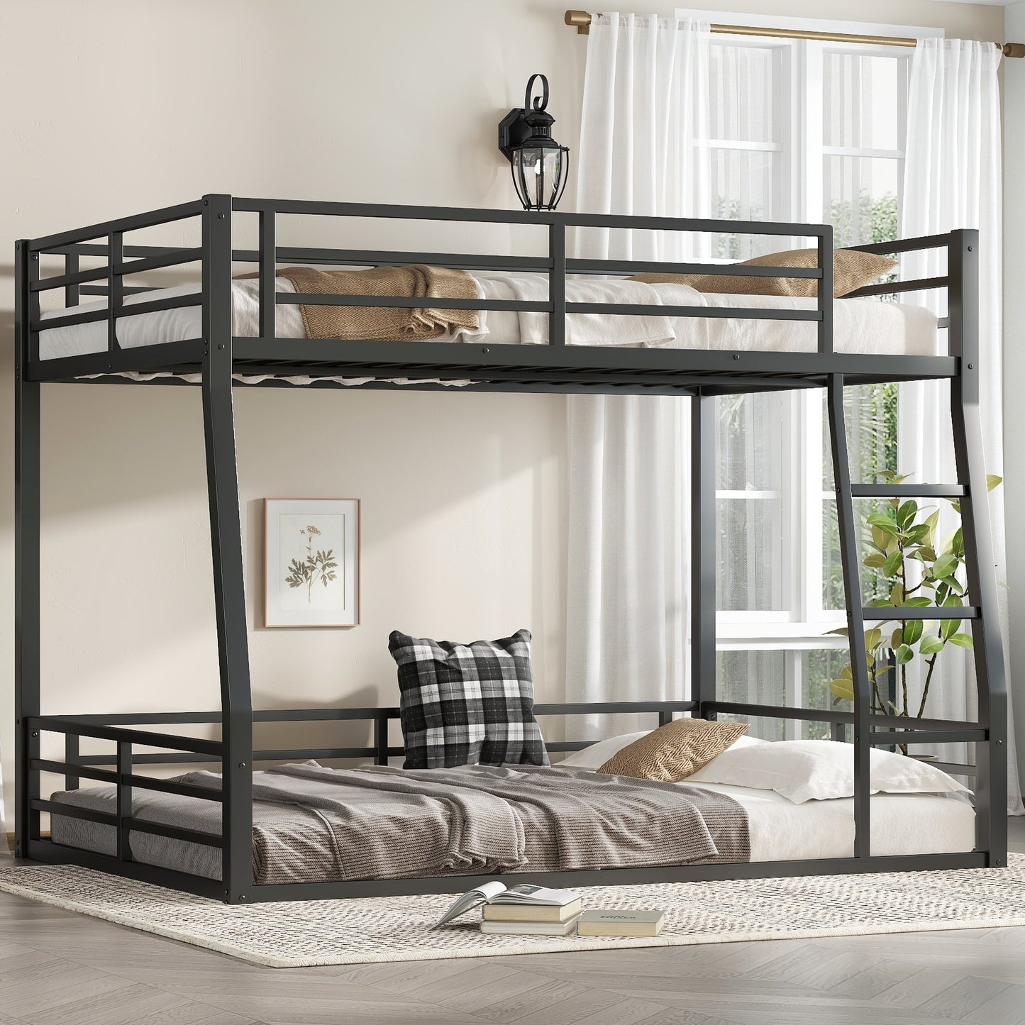 Tatayosi Full XL over Queen Metal Bunk Bed Space Saving Noise Reduced No Box Spring Needed for Teens Adults Black