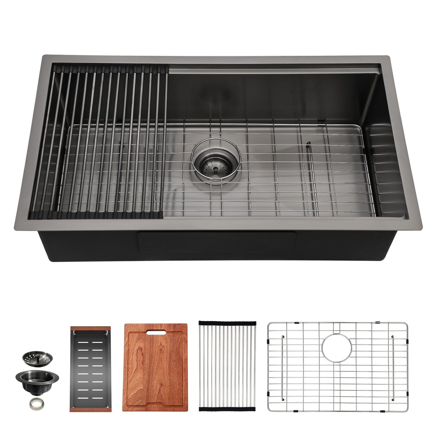 LIVIZA Nano Coating Gunmetal Black Undermount 30-in x 18-in Stainless steel Single bowl 16 -Gauge Workstation Kitchen Sink with Drainboard