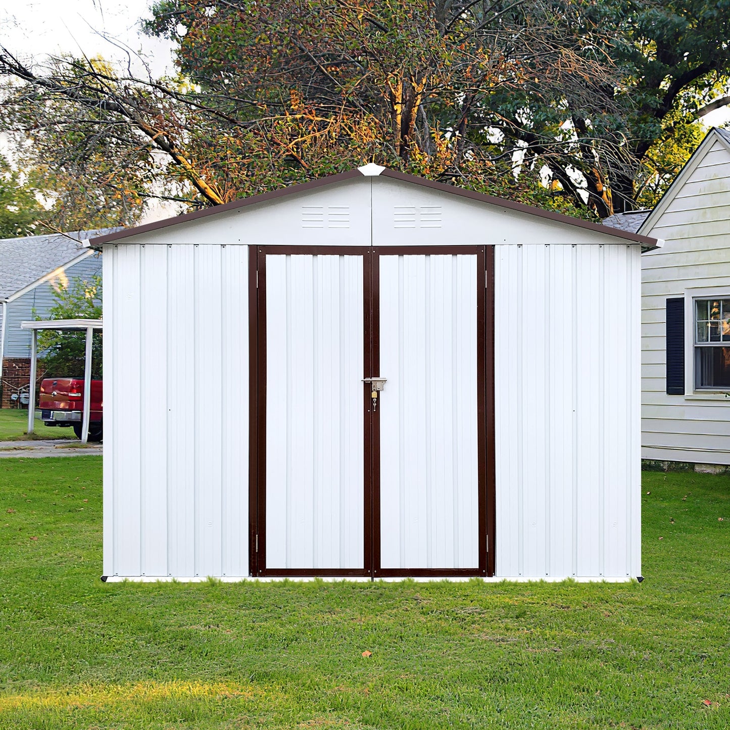 LOVMOR Metal garden sheds 8ftx6ft outdoor storage sheds white offee