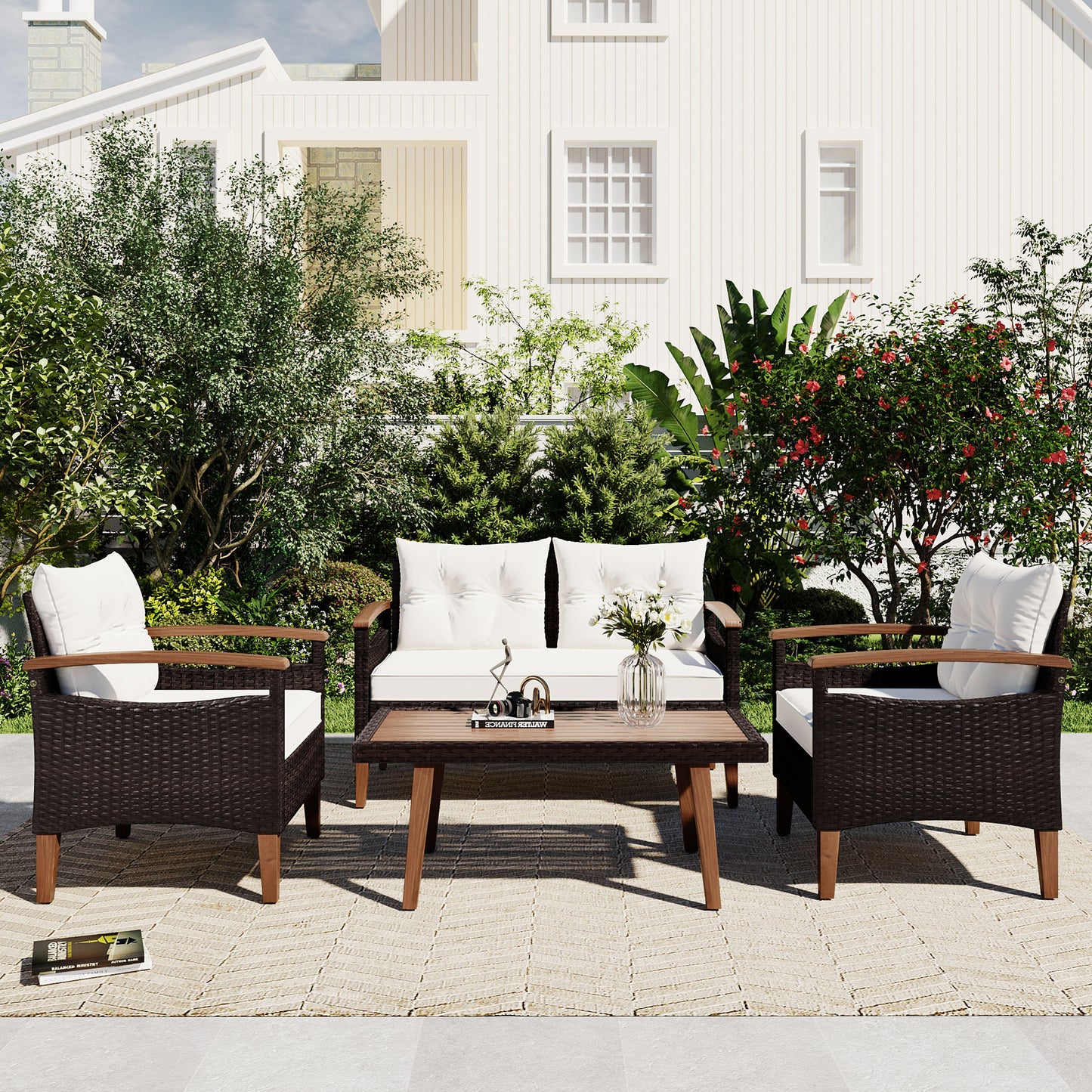LOVMOR 4 Piece Garden Furniture Patio Seating Set PE Rattan Outdoor Sofa Set Wood Table and Legs Brown and Beige