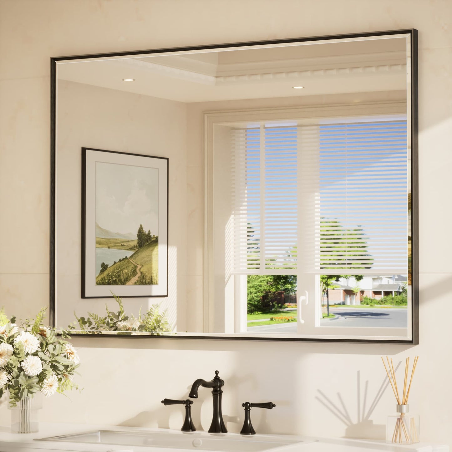 Keonjinn Bathroom Mirrors 48-in W x 36-in H Rectangle Matte Black Beveled Wall Mirror