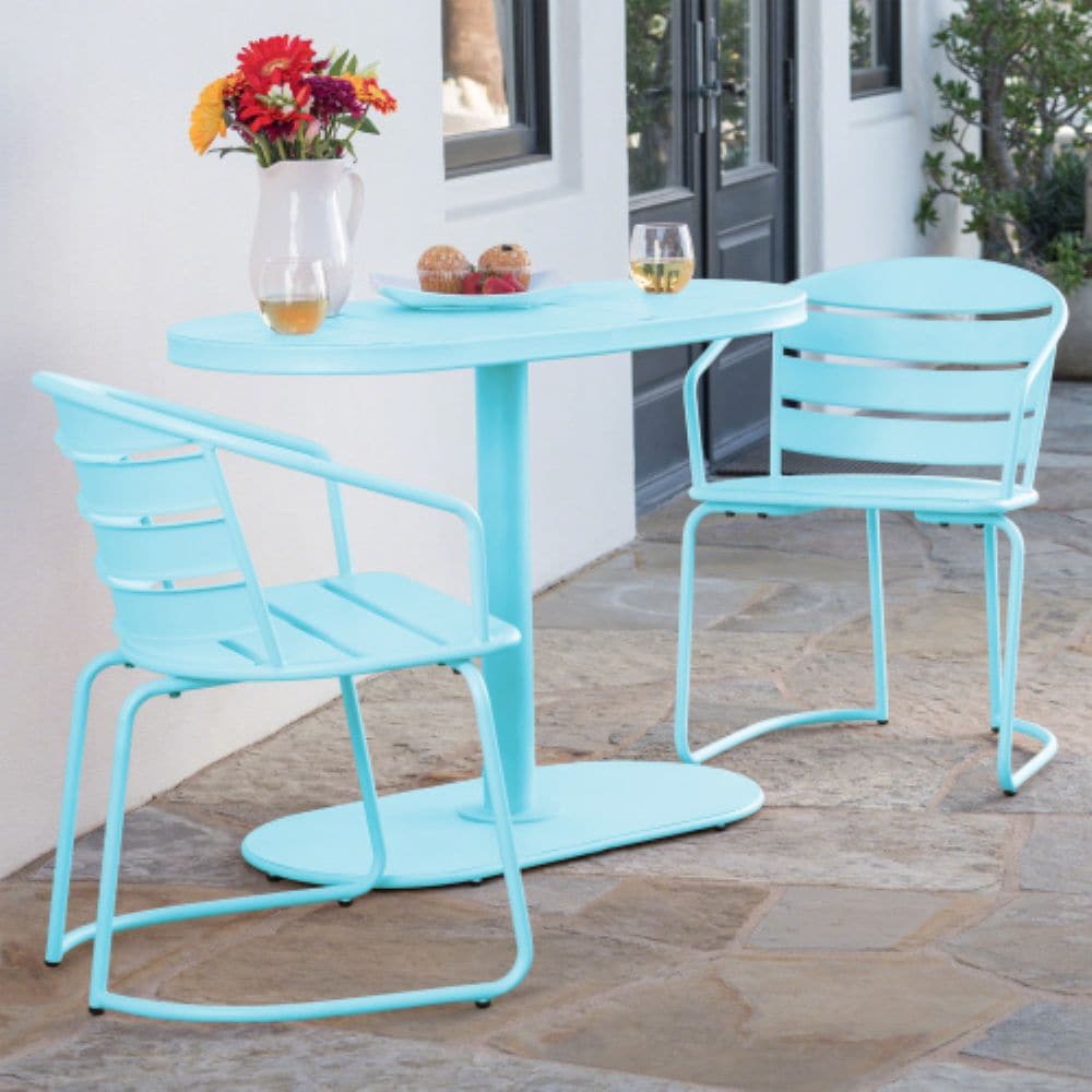 Christopher Knight Home Santa Monica Bistro Set Steel Compact Round Table with Chairs 3 Piece Light Blue