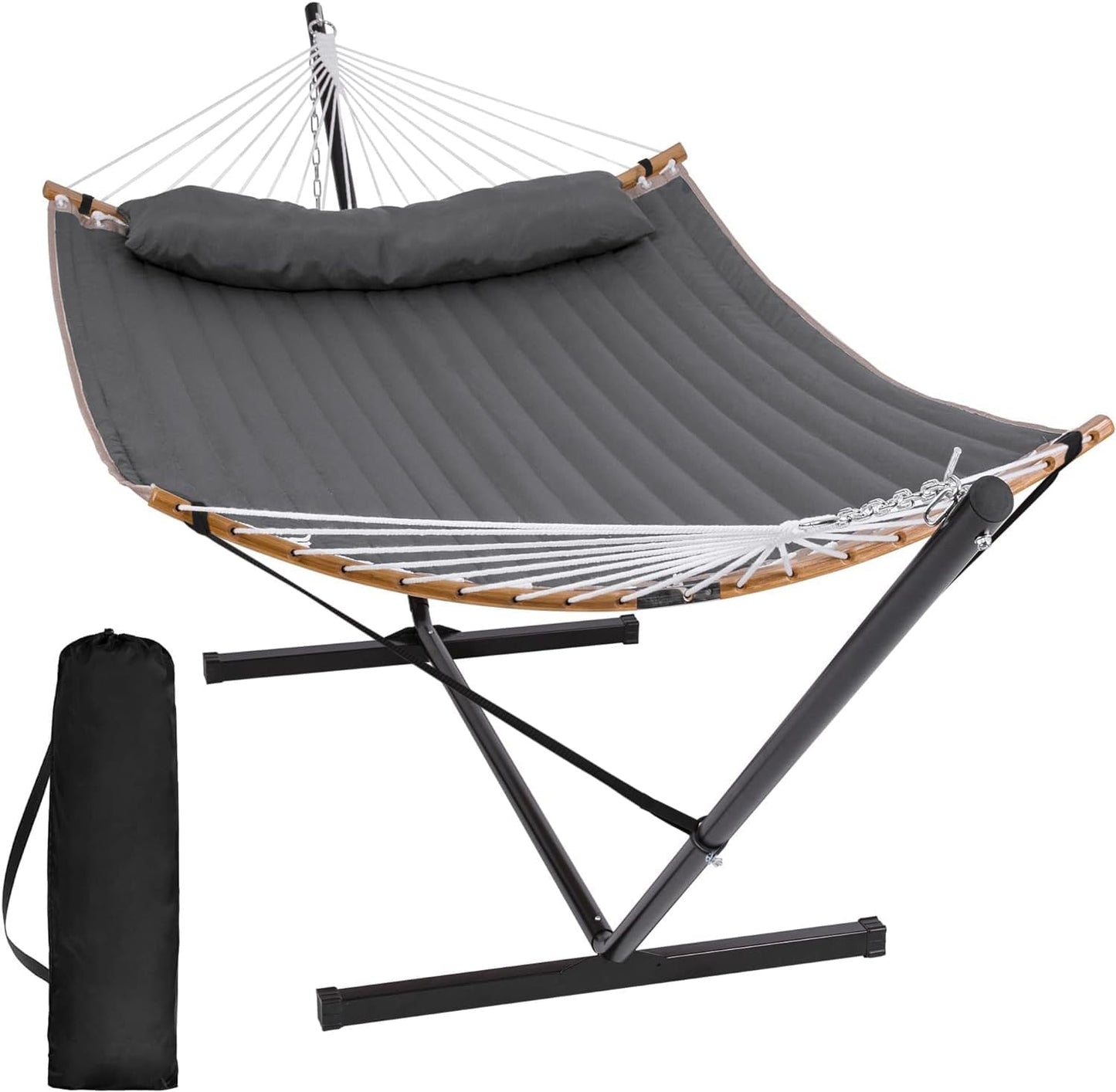 SUNCREAT  Double Portable Hammock with Stand 2 Person Hammock with Curved Spreader Bar Balance Ropes Included Dark Gray