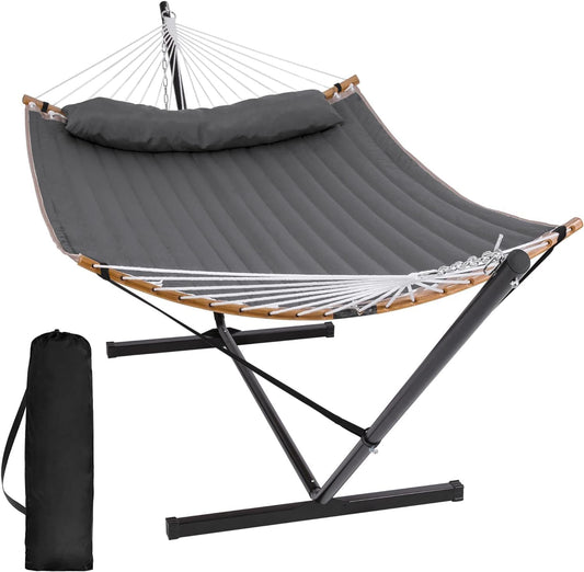 SUNCREAT  Double Portable Hammock with Stand 2 Person Hammock with Curved Spreader Bar Balance Ropes Included Dark Gray