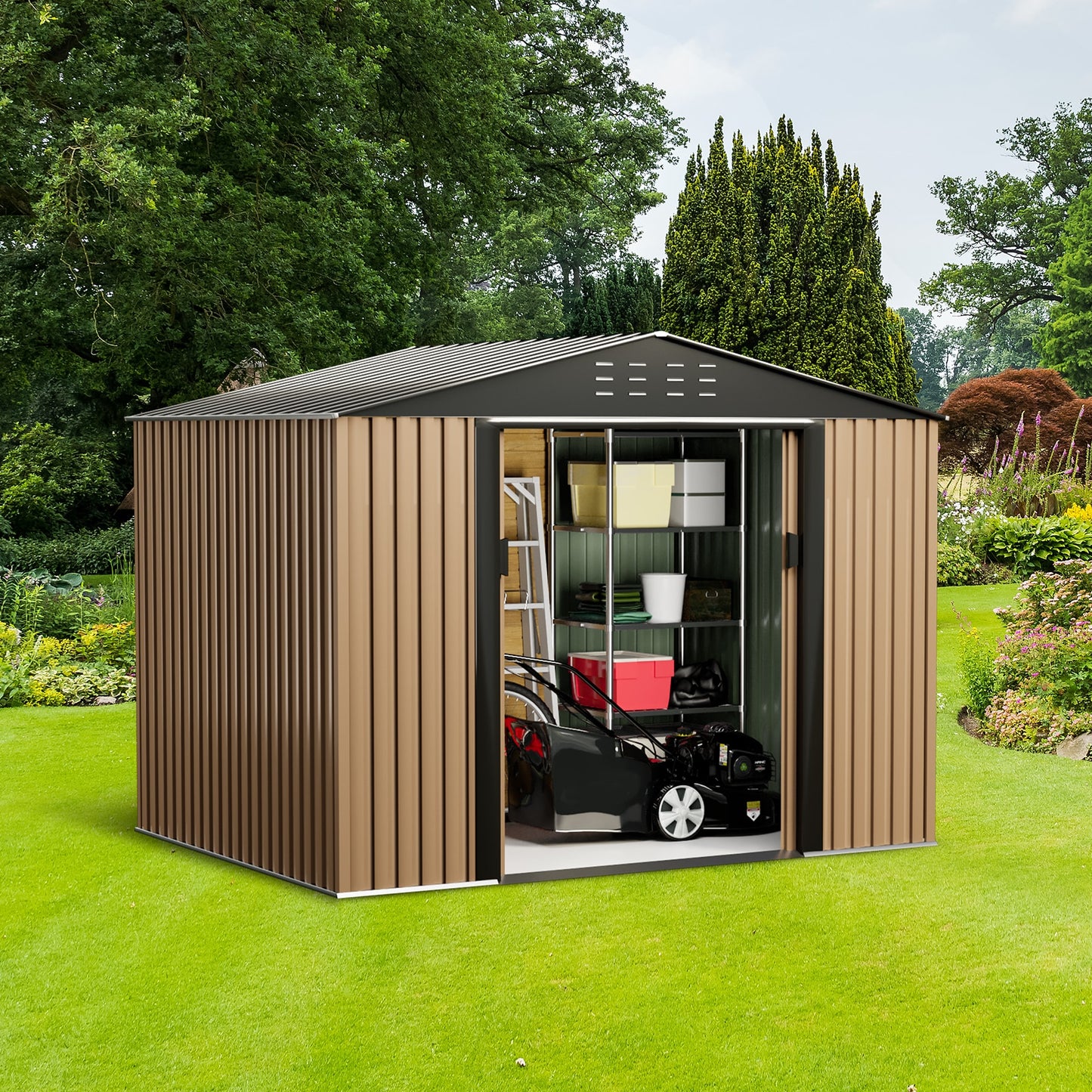 Edwards 10x8 FT Outdoor Storage Shed with Lockable Metal Garden Shed with Sloping Roof Outdoor Storage Cabinet for Backyard Garden Patio Lawn