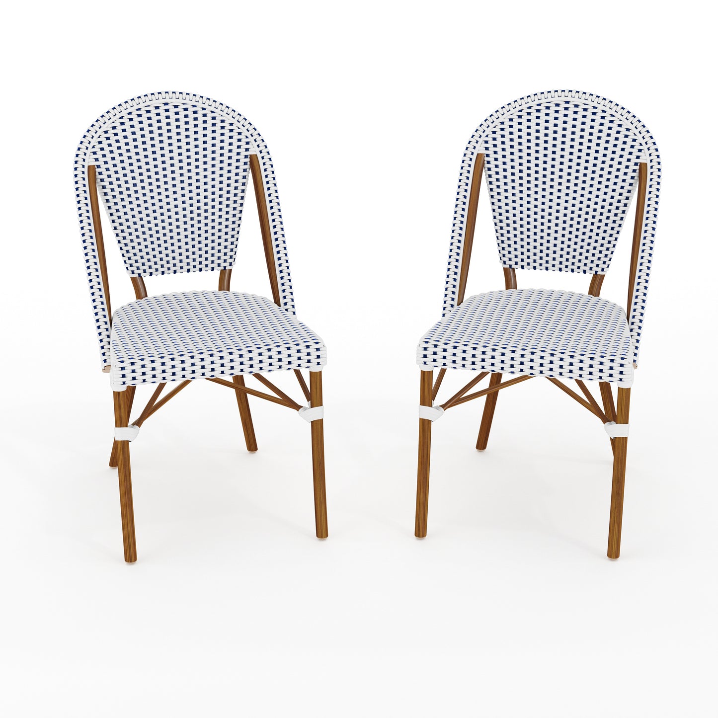 Martha Stewart Lily Pond Set of 2 Indoor-Outdoor Stackable Bistro Chairs with Natural Woodgrain Aluminum Finish Frames and White/Navy Woven Rattan Backs/Seats