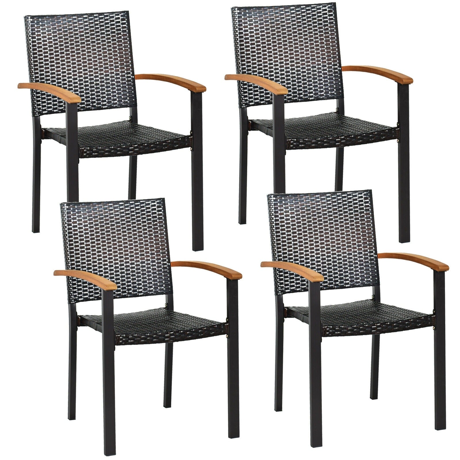 Slickblue Set of 4 Mix-Brown- PE Rattan Patio Dining Chairs with Acacia Wood Armrests and Steel Frame for Garden Patio Balcony or Poolside