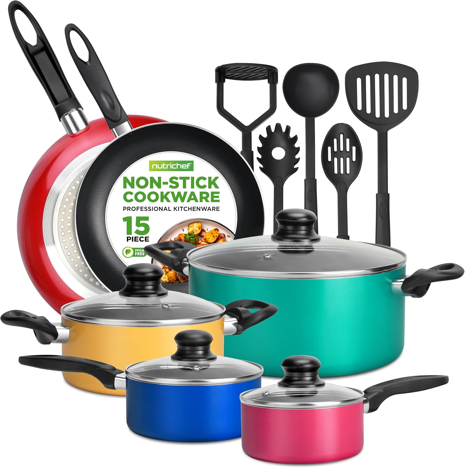 NutriChef 15-Piece Non Stick Kitchen Cookware Set PFOA\/PFOS-Free, Colorful Heat Resistant Lacquer w\/Saucepot, Frying Pans, Oven Pot, Lids, 5 Utensil - NCCWCOR15