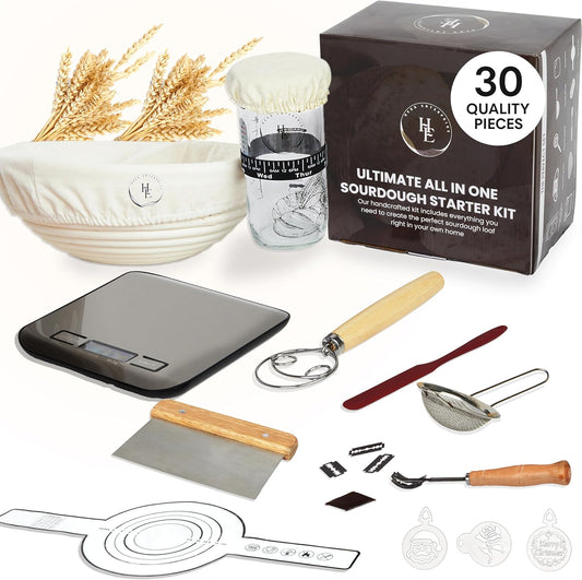 30 PCS-Sourdough Starter Kit with Kitchen Scale, 10-Inch Banneton Bread Proofing Basket, Sourdough Starter Jar, Bread Lame, Dough Whisk, Sourdough Kit with Bread Baking Supplies, and Bread Tools