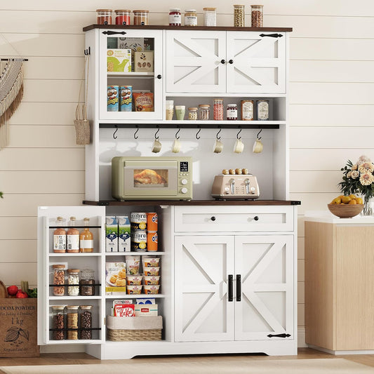 Itaar Farmhouse Kitchen Pantry Cabinet, Kitchen Cabinet with Drawer & Doors, Barn Doors Storage Cabinets with Adjustable Shelf for Dining Room, White