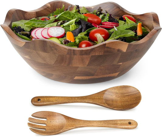 Wood Salad Bowl with Serving Utensils - Large Scalloped Decorative 12" Acacia Wooden Mixing Bowls Set with Spoons - Handcrafted Farmhouse Kitchen Serveware for Fruit, Pasta, Snacks and Home Decor
