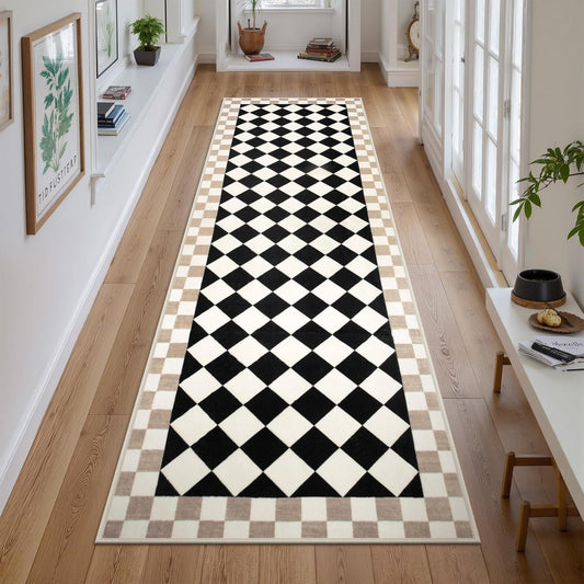 Morebes Checkered Rug Runner for Kitchen, 2x7 Black Washable Runner Rug for Hallway Non-Slip, Checkerboard Soft Indoor Bedroom Carpet Runners for Entryway Bathroom Nursery