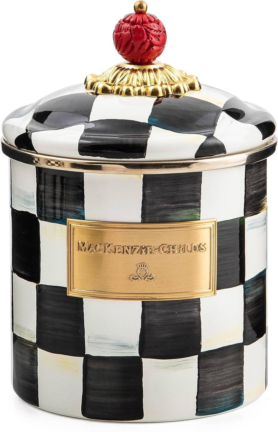 MACKENZIE-CHILDS Small Enamel Canister, Kitchen Storage Container for Flour and Sugar, 1.13 Liters, Black-and-White Courtly Check