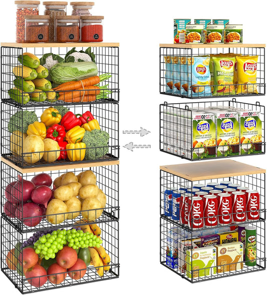 4 Pack Stackable Wire Baskets for Pantry Organizers and Storage, Pantry Baskets with Fixed Wooden Top, Fruit and Vegetable Storage Bins for Organizing Onion Potato Snack for Kitchen Cabinet/Countertop