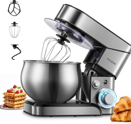 Stand Mixer FOHERE, 5.8 QT Stainless Steel Mixer with Dough Hook, Mixing Beater, Wire Whip, Dishwasher-safe, 6+P Speeds Tilt-Head Kitchen Dough Mixers for Cake, Electric Home Cooking Kitchen Mixer