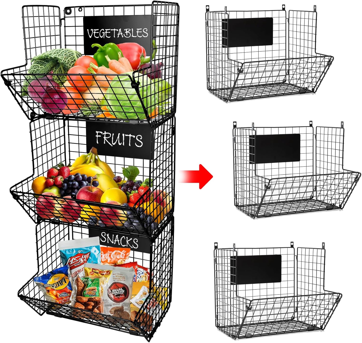 3-Tier XL Wall Hanging Fruit Baskets for Kitchen Organizing Fruits and Vegetables, Heavy-Duty Wall Basket for Storage with Chalkboards & S-Hooks, Wire Hanging Fruit Basket for Kitchen & Pantry