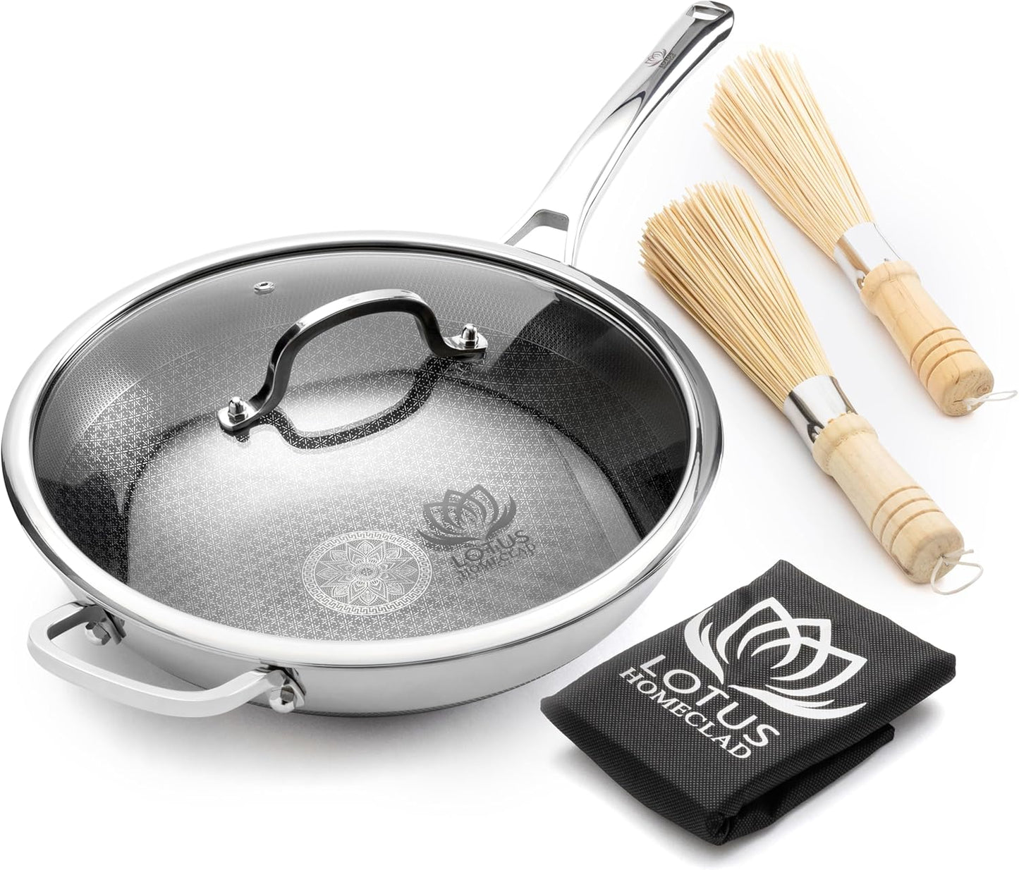 Hybrid Wok Pan, 12-Inch Woks & Stir-Fry Pans Nonstick, Stainless Steel Cookware, Induction Wok With Lid, PFOA Free, Dishwasher Safe Cooking Pan For All Cooktops, Bonus Bamboo Dish Brush