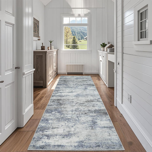 Runner Rug for Hallways Kitchen 2'6"x8' Washable Non Slip: Carpet Non Skid 8ft Entryway Rubber Backed 8 Feet Neutral Abstract Modern Rug Low Pile Pet Friendly Indoor Blue Grey
